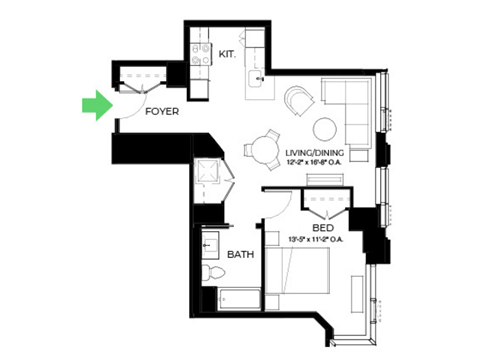 Floor plan for 1 bed, 1 bath, 683 sqft